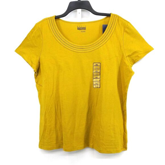 Basic Editions Shirt Women Plus Size 2XL Mustard Brown Short Sleeve Pullover Top - Picture 1 of 7